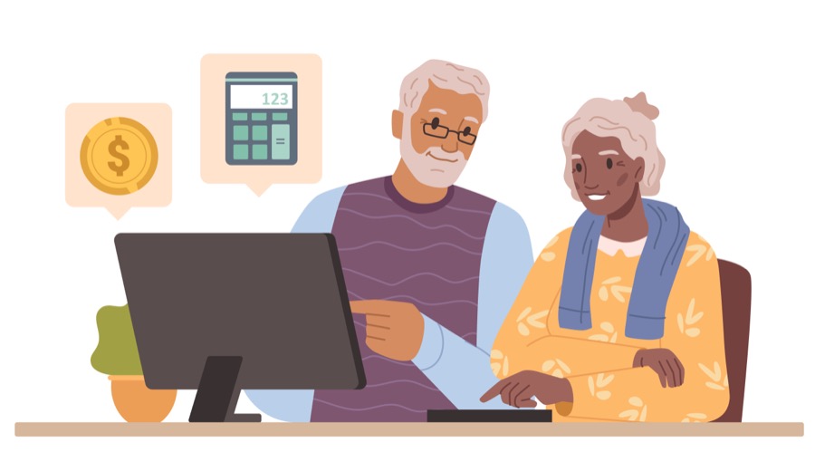 Illustration of a senior couple estimating benefits at a computer