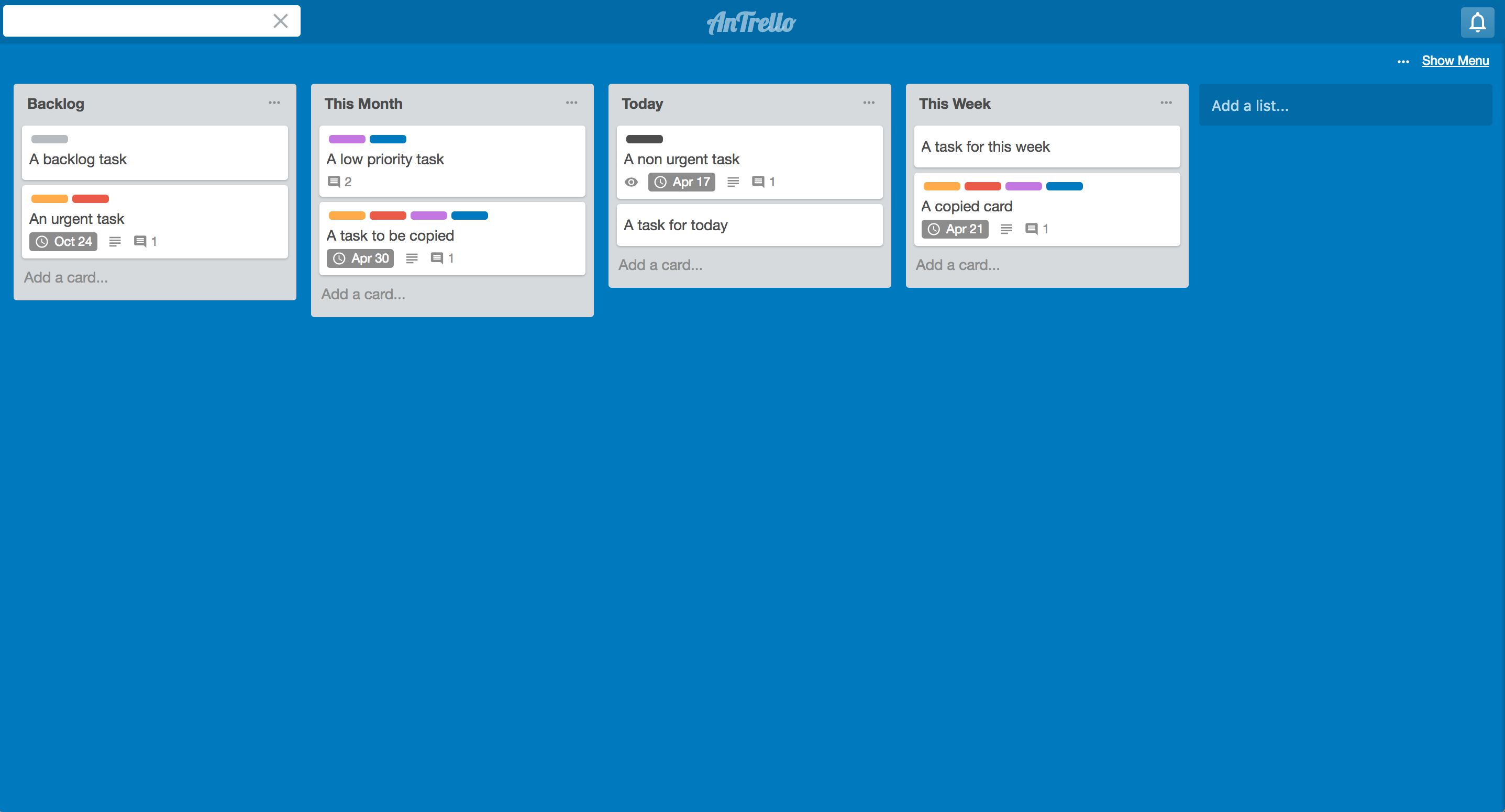 Screenshot of Trello-like app